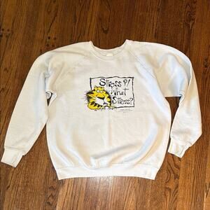 Fruit of the Loom women’s Large stressed cat White Graphic crewneck Sweater